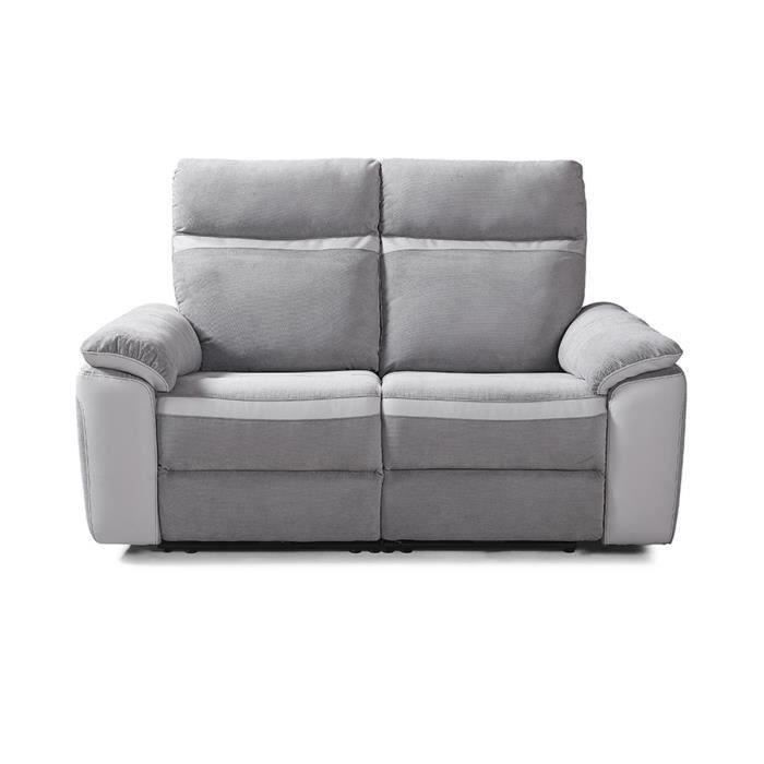 Canapé 2 places relax électrique - Simili Blanc et Tissu Gris - L 156 x P 93 x H 99 cm - SANTOS
