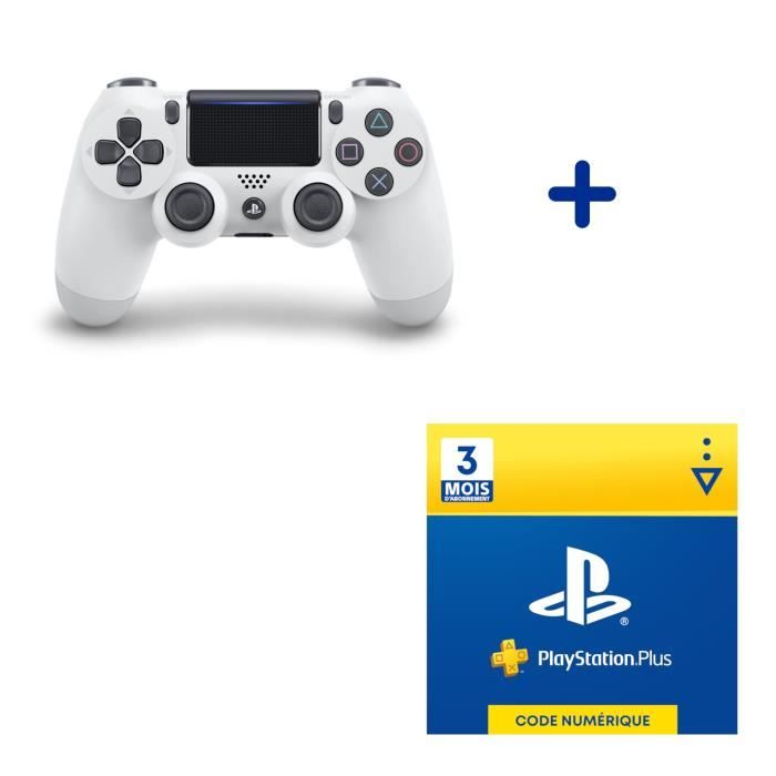 Pack PlayStation : Manette PS4 Dualshock 4.0 V2 Glacier White + Abonnement 3 Mois au PlayStation Plus - Code de Téléchargement PS4