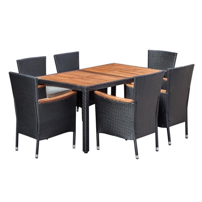 Ensemble repas de jardin 6 personnes- Table 150x90cm + 6 fauteuils - plateau Acacia FSC et structure résine tressée - Noir - PARIS