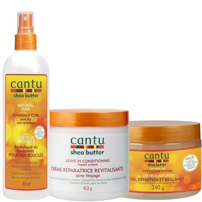 CANTU Gel définition et brillance 340g + Revitalisant pour boucles au beurre de karité 355ml + Crème réparatrice revitalisante 453g