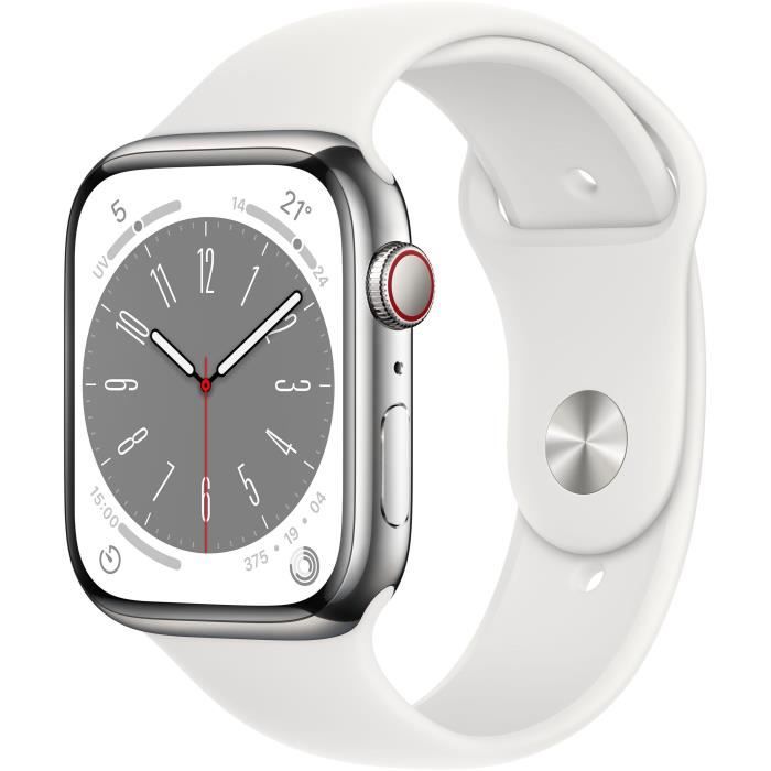 Apple Watch Series 8 GPS + Cellular - 45mm - Boîtier Silver Stainless Steel - Bracelet White Sport Band - Regular