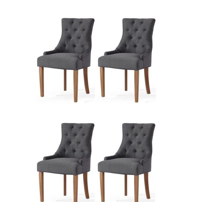Lot de 4 chaises de salon pieds en bois hévéa massif - Revêtement tissu gris chiné - L 55 x P 60 cm 