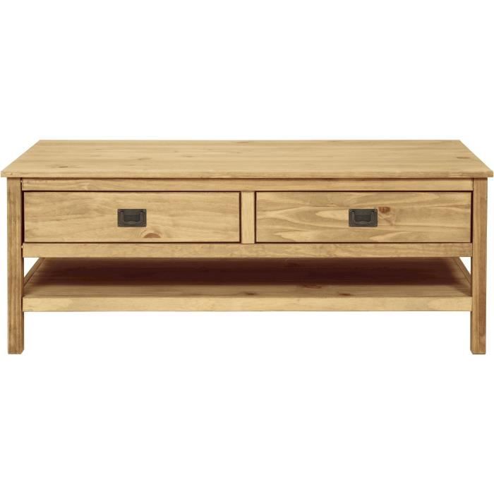 Table basse rectangulaire - En bois pin massif - Marron - 2 tiroirs + 1 étagère - L 140 x P 60 x H 54 cm - ESTEBAN