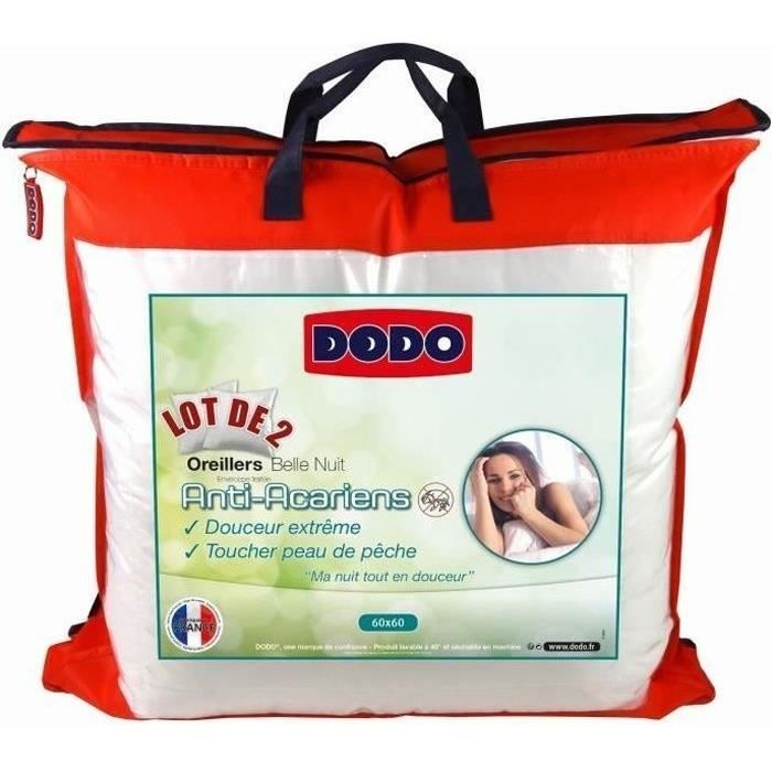 DODO Lot de 2 Oreillers Anti-Acariens Belle Nuit 60x60 cm blanc
