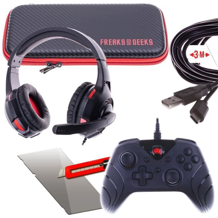 Pack Sacoche avec dragonne + Casque boucle avec Micro Noir + Cable de charge Type C3m + Verre trempé Switch + Manette filaire Noire