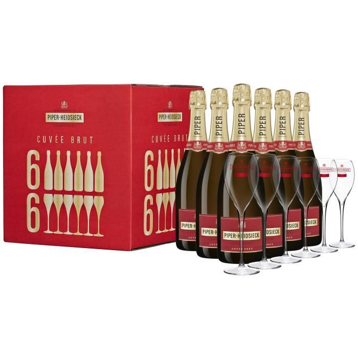 Champagne Piper Heidsieck Party Case Brut - 6 bouteilles x 75 cl + 6 flûtes