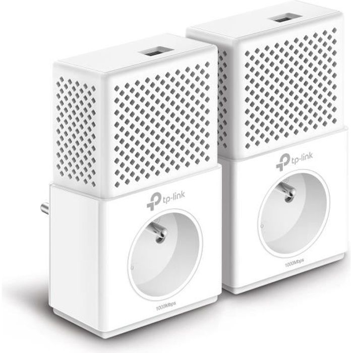 TP-LINK Pack de 2 Adaptateurs CPL -TL-PA7010PKIT (FR) avec prise intégrée plus 1 port Gigabit 1000 Mbps