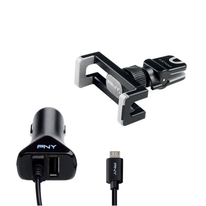 PNY The Road Kit Support de voiture pour smartphone / Chargeur de voiture allume cigare Micro USB