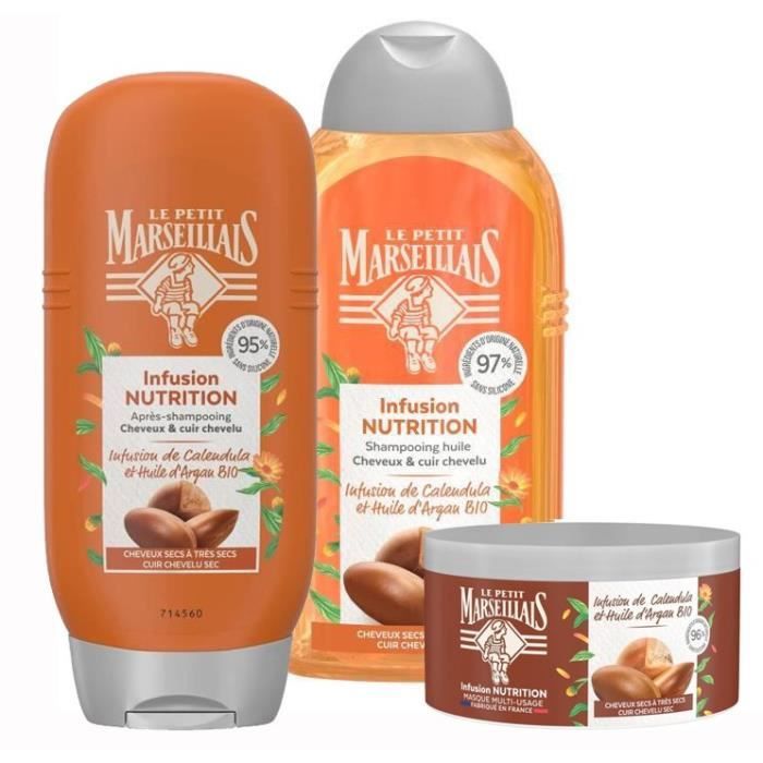 LE PETIT MARSEILLAIS Routine capillaire Infusion Nutrition Calendula et Argan Bio