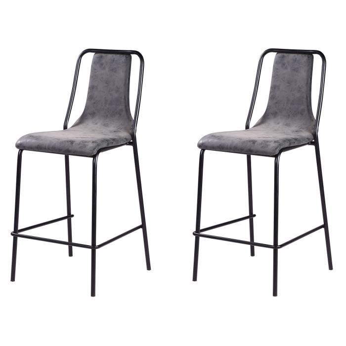Lot de 2 tabourets de bar pieds en métal noir - Revêtement simili PU gris anthracite - Industriel - L 40 x P 50 cm