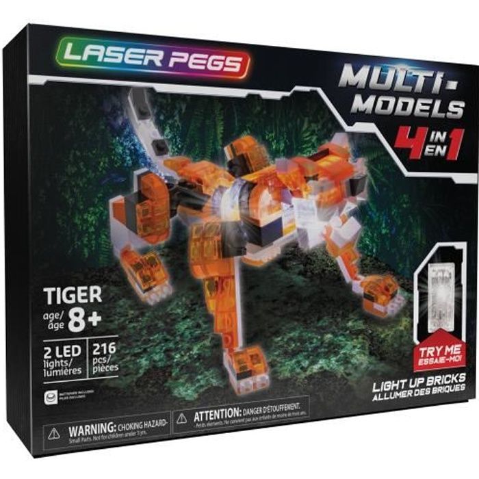Laser Pegs, Tigre rouge - 4 en 1 - 216 pcs, Construction, brique lumineuse, Jouet pour enfants dès 8 ans, LAU04