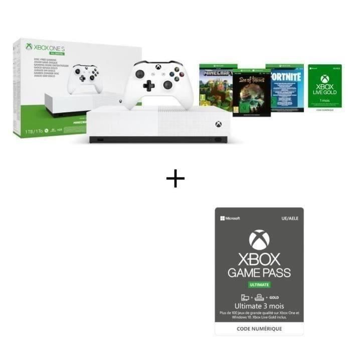 Xbox One S All Digital + 3 jeux dématérialisés : Fortnite, Sea of Thieves et Minecraft + Abonnement Xbox Game Pass Ultimate 3 mois