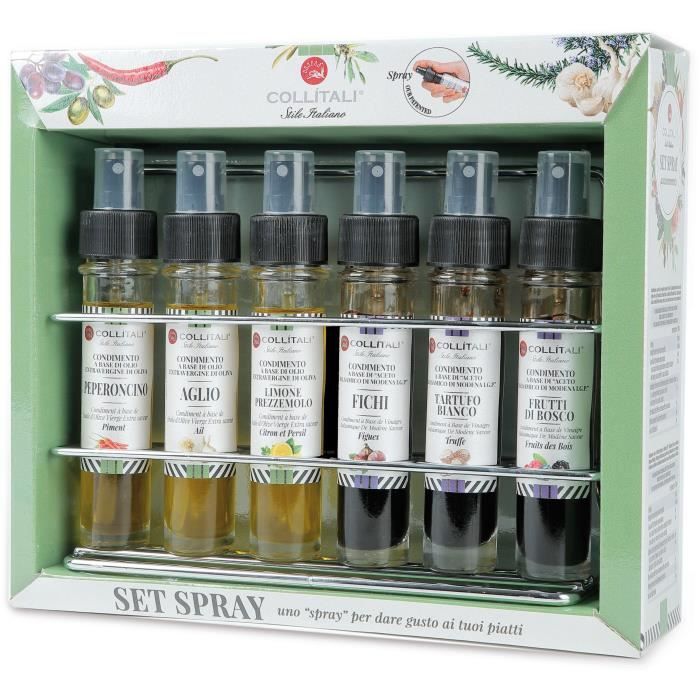 COLLITALI Présentoir 6 SPRAYS : huile olive persil citron, ail , piment, vinaigre balsamique citron, figue, fruits des bois - 30 ml