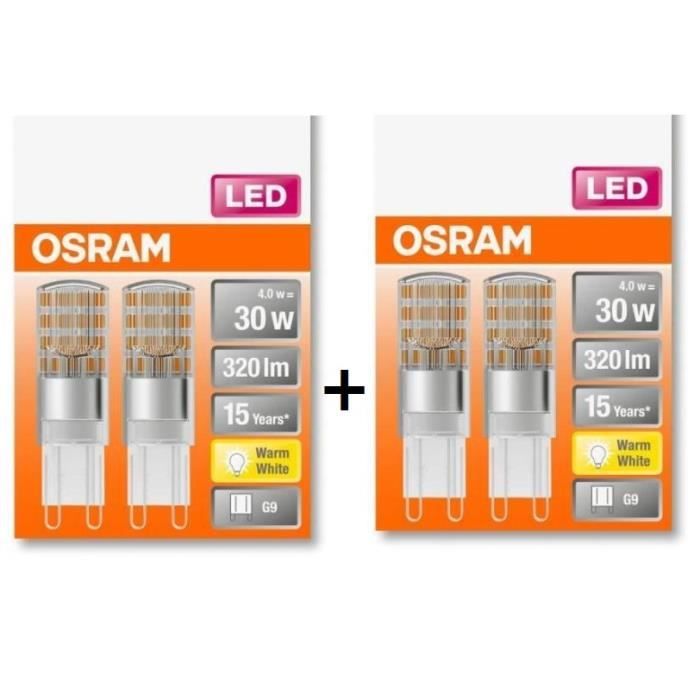 OSRAM Lot de 2 boites de 2 Ampoules LED Capsule clair - 2,6W équivalent 30W G9 - Blanc chaud