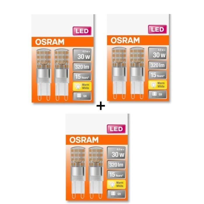 OSRAM Lot de 3 boites de 2 Ampoules LED Capsule clair - 2,6W équivalent 30W G9 - Blanc chaud
