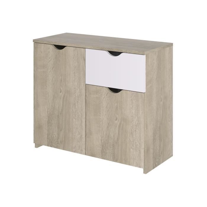 Buffet 2 portes 1 tiroir - Décor chêne et blanc - L 90 x P 40 x H 75 cm - AUSTIN