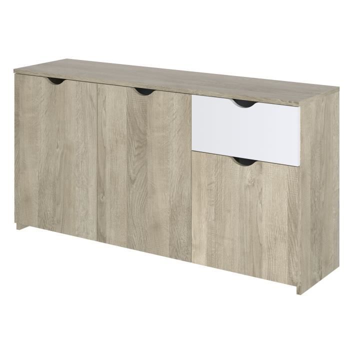 Buffet 3 portes 1 tiroir - Décor chêne et blanc - L 150 x P 40 x H 75 cm - AUSTIN