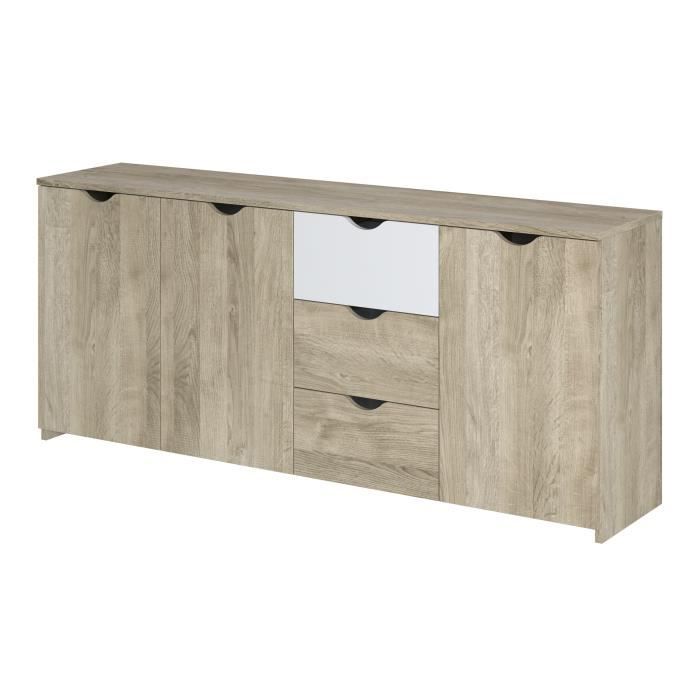 Buffet - 3 portes 3 tiroirs - Décor chêne et blanc - L 180 x P 40 x H 75 cm - AUSTIN