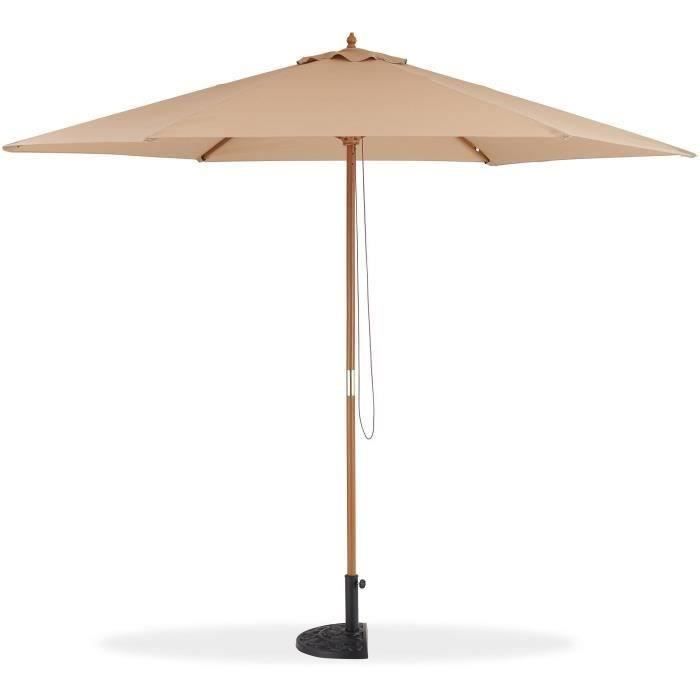 Parasol droit diamètre 3m - Mât bois rond et polyester 160g/m² - Taupe