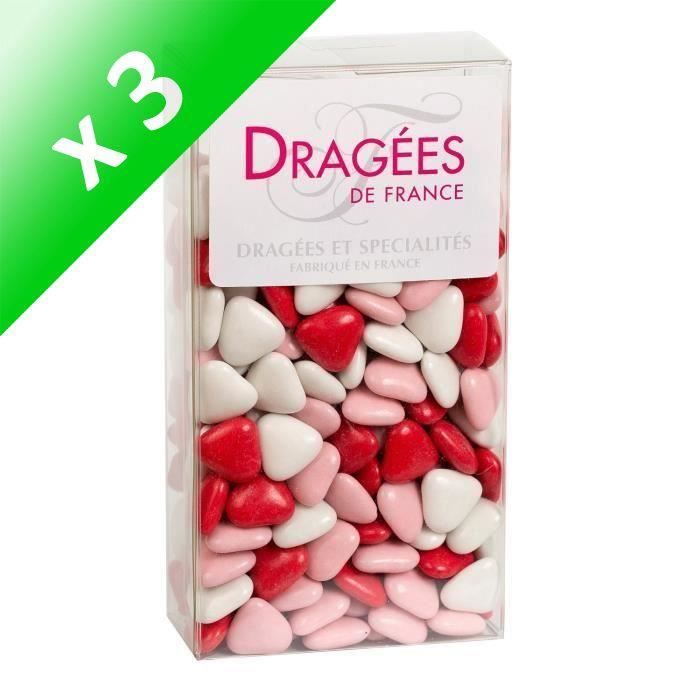 DRAGEES DE FRANCE Petits Cœurs Chocolat 70% Cacao - Couleurs : blanc, rose et rouge - Etui 250 g (Lot de 3)
