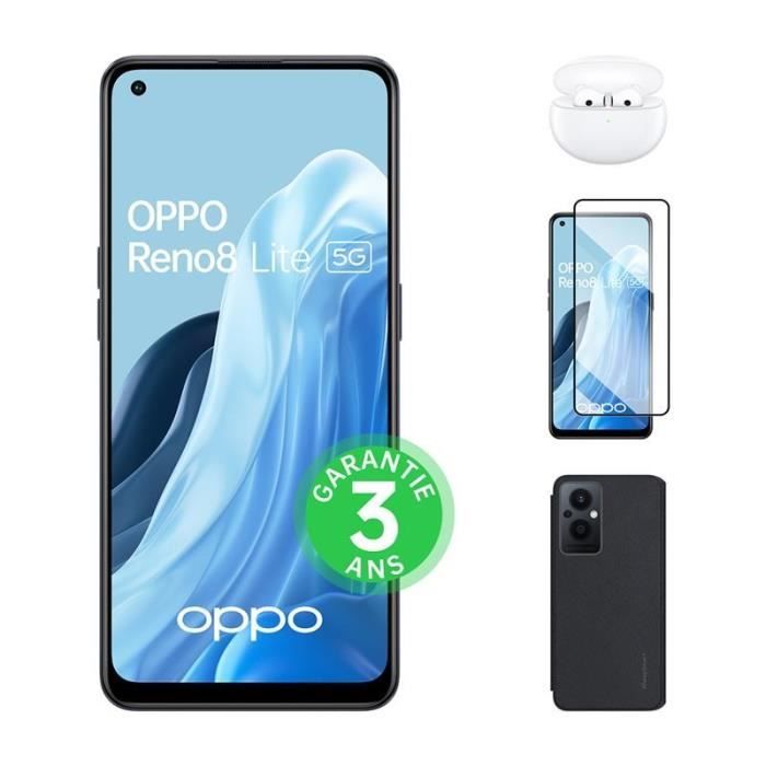 OPPO Reno8 Lite 128Go 5G Noir Cosmique + Enco Air 2 + Flip Cover + Verre trempé
