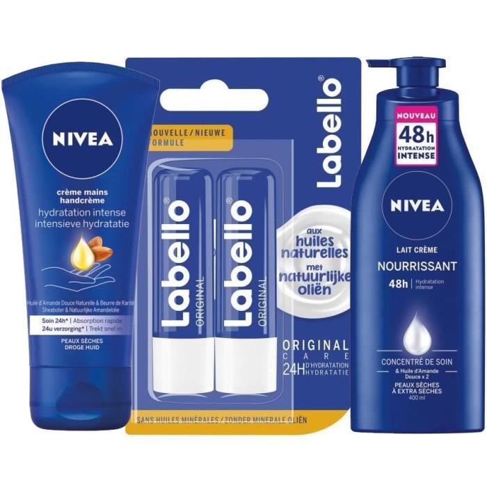 NIVEA Kit complet Hydratant - Labello x2, Créme mains nourissantes et Lait ultra nourissant