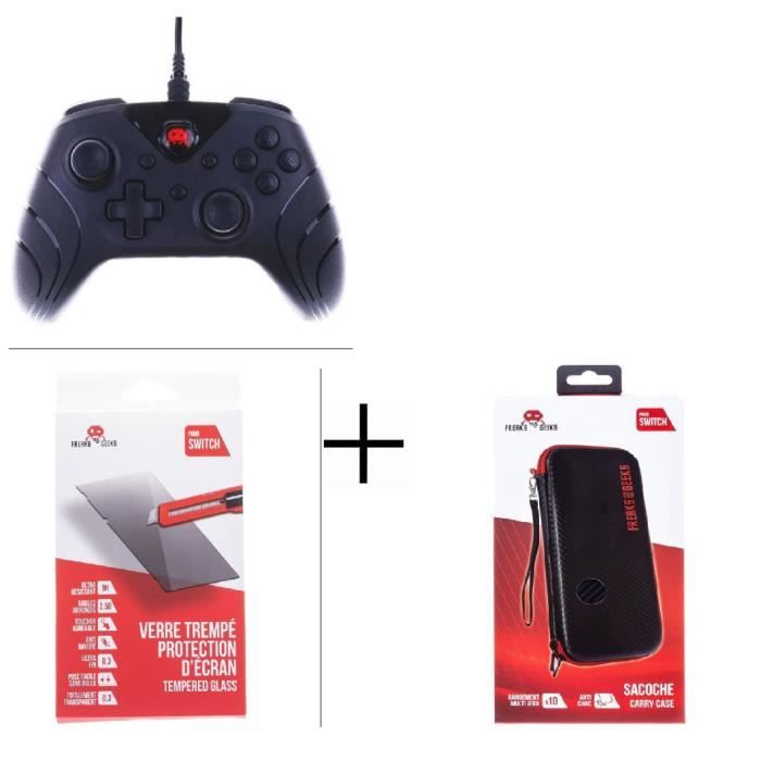 Manette filaire Noire nintendo Switch + Sacoche rigide avec dragonne + Verre trempé Switch
