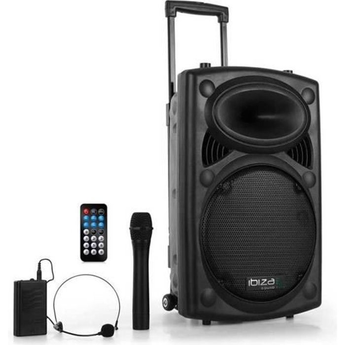 IBIZA PORT12VHF-BT - Système enceinte de sonorisation portable autonome 12''/30cm avec USB, Bluetooth & 2 Micros VHF
