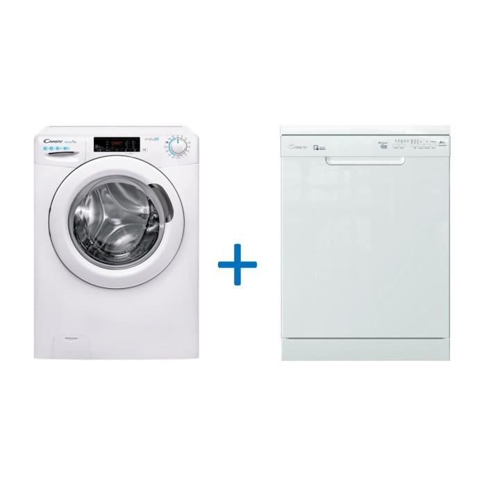 Pack lave-linge hublot CANDY CO12105T3/1-S - 10 kg - A+++ - 1200 trs + lave-vaisselle pose libre CANDY CDPN2L350SW - 13cvrts - A++