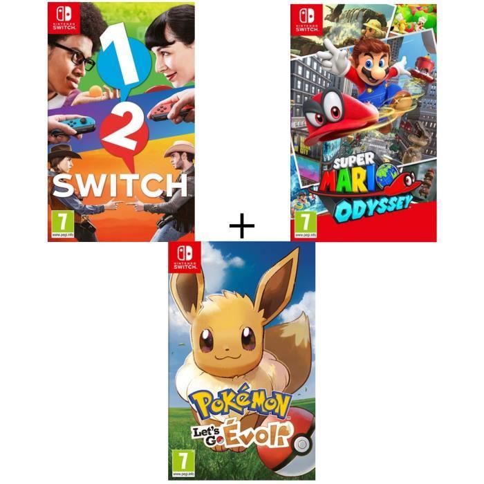 Pack 3 jeux Switch : Pokémon : Let's go, Evoli + 1-2-Switch + Super Mario Odyssey