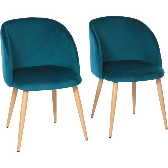 Lot de 2 chaises en velours bleu canard - Pieds en métal - L 55 x P 45 x H 99 cm - CURVY