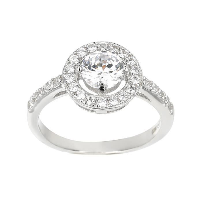 LA BELLE VIE Bague Argent 925 Rhodié , pavé d'oxyde zirconium blanc, solitaire centré Femme