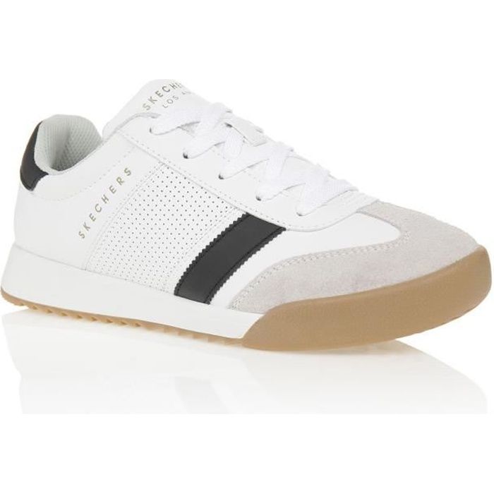 SKECHERS Baskets Zinger - Enfant Fille - Blanc et Noir - Fermeture à lacets - Tige en cuir lisse - Semelle intérieure en mousse