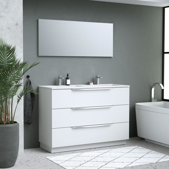 Ensemble Meuble salle de bain L 120 - Vasque + 3 tiroirs + miroir - Blanc - ZOOM