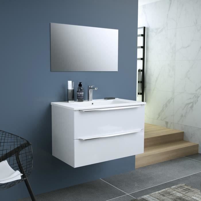 ZOOM meuble de salle de bain simple vasque avec miroir L 80cm - 2 tiroirs à fermeture ralenties - Bl