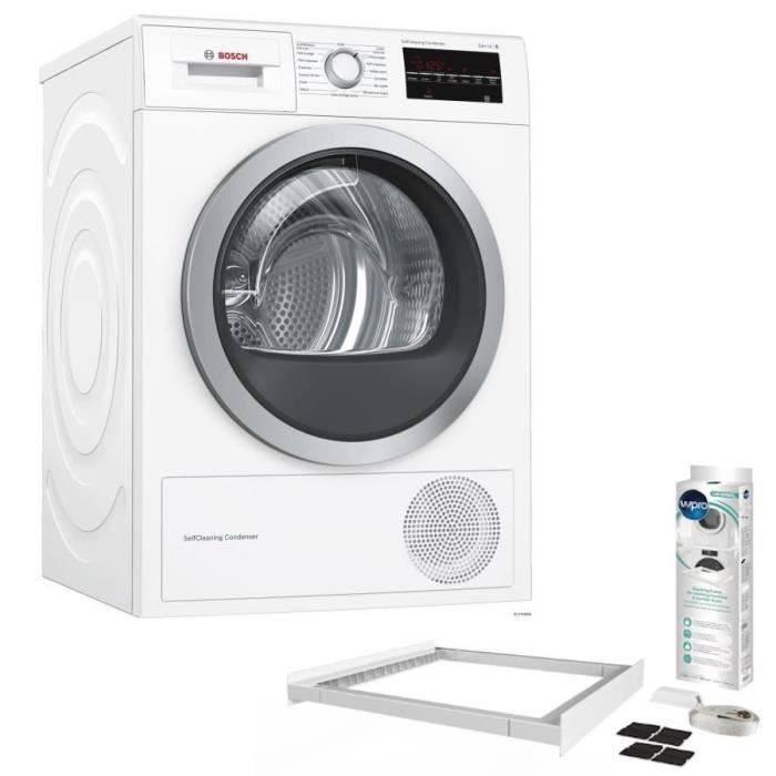 Pack BOSCH WTW87499FF - Sèche linge frontal - 9 kg - Pompe à chaleur - A++ - Blanc + Kit de superposition KCL103