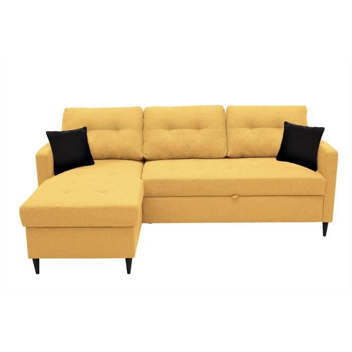 Canapé d'angle fixe réversible - Tissu jaune + 2 coussins noir - L 215 x P 145 x H 93 cm - FALSLEV
