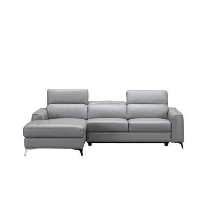 Canapé d'angle gauche et 3 appuis-têtes ajustables - Cuir de vachette gris - L 266 x P 166 x H 95 cm