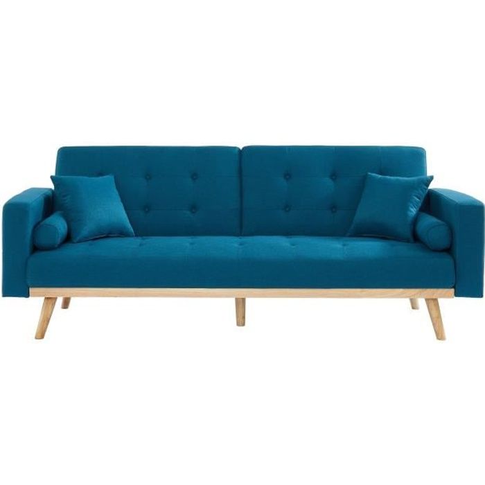 KELLY Canapé droit convertible 3 places - Tissu bleu - L 216 x P 78 x H 85 cm
