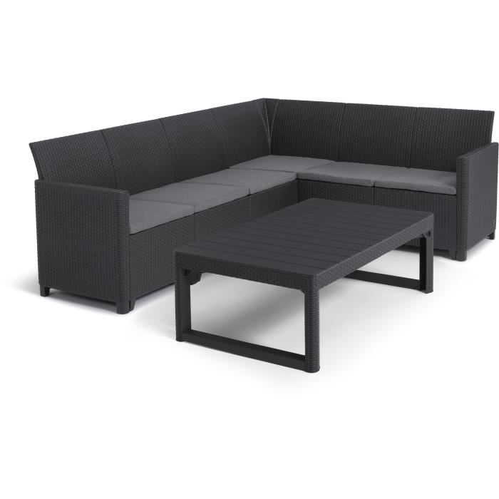 ALLIBERT by KETER - Salon de jardin SanRemo Lyon 6 places - table basse 2 positions - imitation rotin tressé - gris graphite