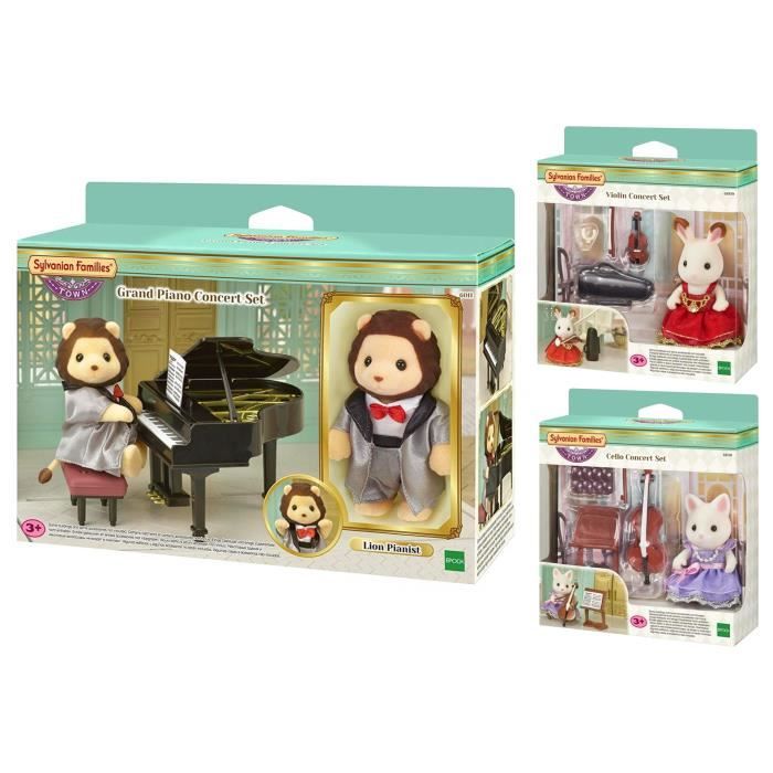 SYLVANIAN FAMILIES 6009 La Fille Lapin Chocolat Violoniste + 6010 La Fille Chat Soie Violoncelliste + 6011 Le Lion Pianiste