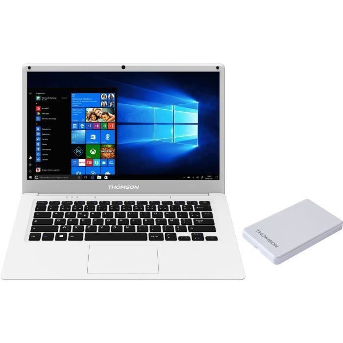 THOMSON PC Portable + Disque dur externe 120Go - 14'' HD - Intel - RAM 4Go - Stockage 64Go SSD - Windows 10 - Blanc