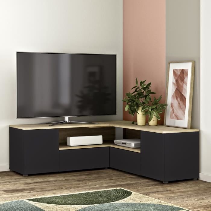 Meuble Tv D Angle 4 Portes Decor Chene Et Noir L 130 X P 130 X