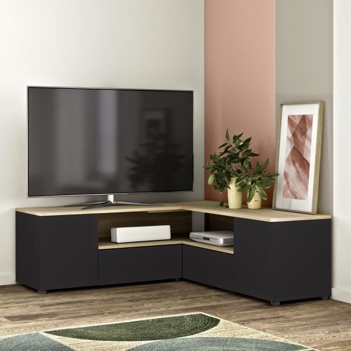 meuble tv d'angle - décor chêne et noir mat - 4 portes + 1 niche - l 130 x p 130 x h 46 cm - temahome