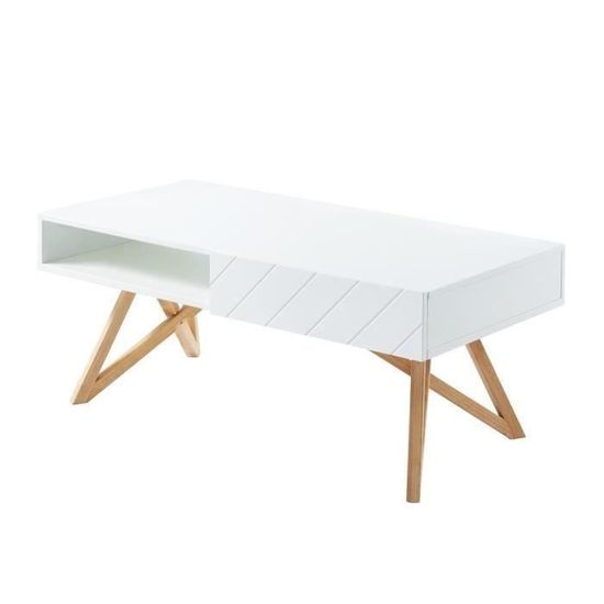 Table basse LULEA 1 tiroir - Décor blanc brillant - L 115 cm