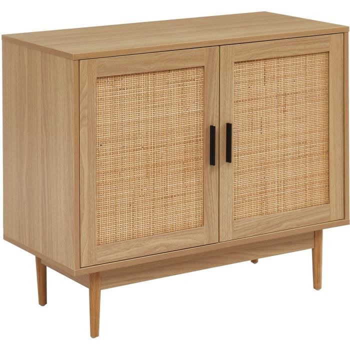 Buffet 2 portes avec cannage naturel - Décor imitation bois - L 90 x P 39 5 x H 75cm - AMANA Buffet 2 portes avec cannage naturel - Décor imitation bois - L 90 x P 39 5 x H 75cm - AMANA