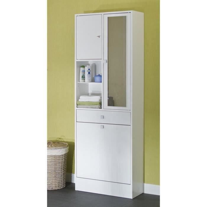 galet armoire de toilette - 2 portes + 1 panière à linge + 1 tiroir miroir - blanc mat  - l 63 x p 30 x h 181 cm - symbiosis