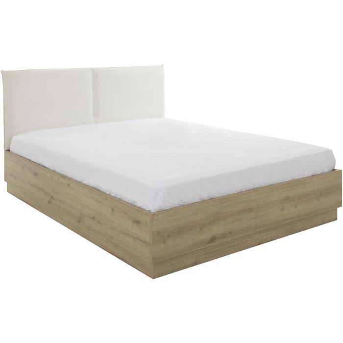 Lit coffre tête textile - TIDY - 160 x 200 cm - Chêne / Ecru - Sommier inclus - GAMI