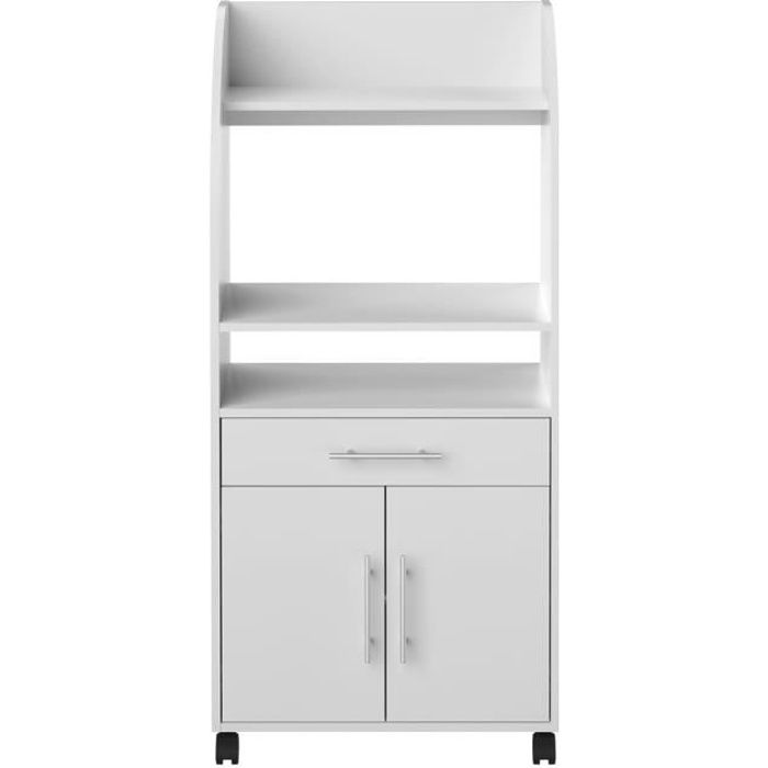 desserte micro-ondes - jeanne - blanc - 63 cm x 138 cm - 3 espaces de rangements - tiroir - 2 portes