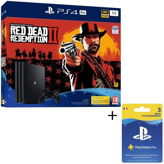 Pack PS4 Pro 1To Noire + Red Dead Redemption 2 Edition Standard + Abonnement Playstation Plus 3 Mois